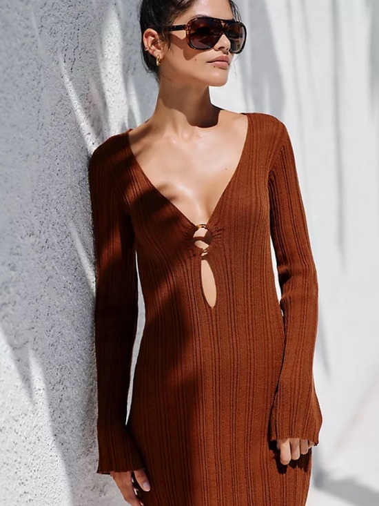 l*space Other - l*space Brown Ribbed V-Neck Swim Coverup with Front Ring Detail